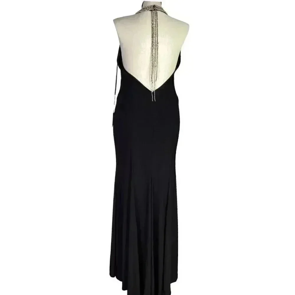 Mac Duggal Body Con Gown Dress Womens 12 Black Beaded Halter Jersey Maxi NEW